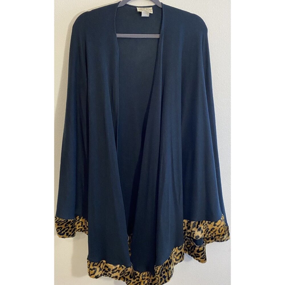Vintage Kathleen For Sweet Herb USA Black Cape Poncho Faux Fur Animal Print Coat